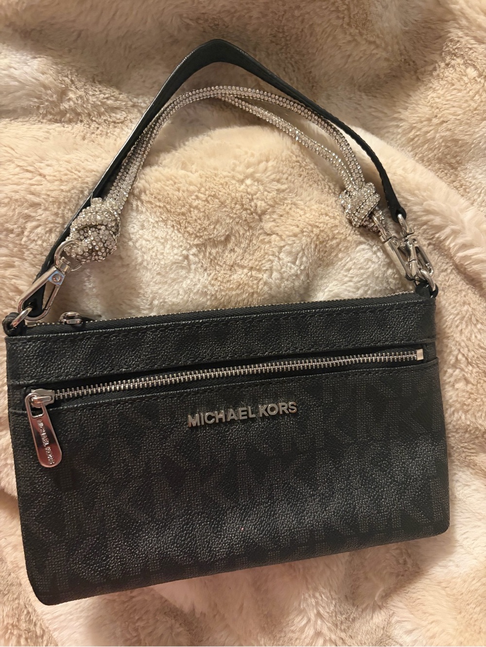 Michael Kors Black Logo Wristlet with Rhinestone Strap